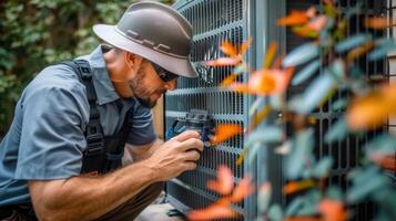A skilled technician in sunglasses focuses on fixing an air conditioning unit outdoors. photo