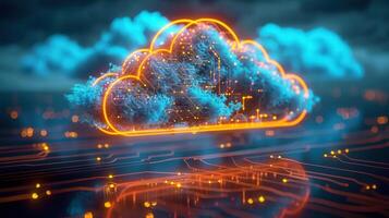 Illuminated cloud with circuits, representing cloud computing and digital technology. photo