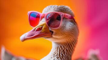 A cool goose sporting pink sunglasses, posing against a vibrant and colorful gradient background. photo