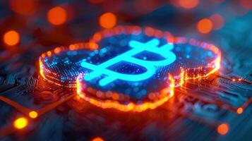 A neon Bitcoin symbol shines amidst a digital circuit board, showcasing cryptocurrency. photo
