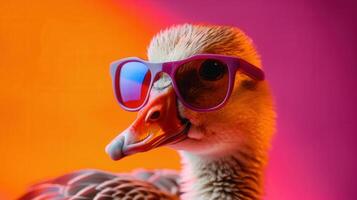 A goose with sunglasses against a vibrant orange and pink background, portrait style. photo