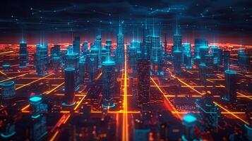 A vibrant neon-lit futuristic city, showcasing the essence of modern technology in the digital age. photo