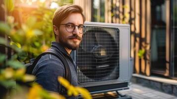 Handsome man with glasses next to an air conditioning unit in the outdoor garden, ready for work. photo