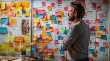 A thoughtful man observes a whiteboard covered in sticky notes during a brainstorming session. photo