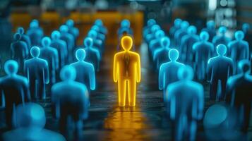 A golden figure stands out among blue ones, a powerful visual of leadership and uniqueness. photo