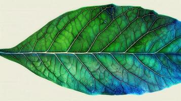 An up-close view of a vivid green leaf, revealing intricate veins and natural beauty. photo