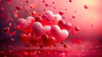 A vibrant display of floating red and pink hearts, symbolizing love and Valentine's Day. photo
