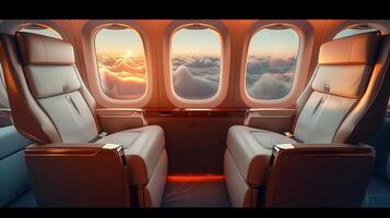 Two luxurious airplane seats with a stunning view of the clouds during the sunset or sunrise. photo