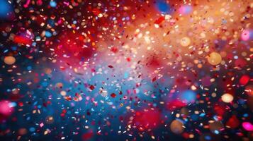 Colorful confetti raining down with a blurred bokeh effect, perfect for celebrations and parties. photo