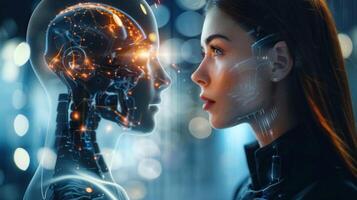 A human contemplates a digital mind, representing artificial intelligence and thought. photo