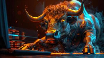The fierce bull symbolizes market strength, working diligently on a glowing computer interface. photo