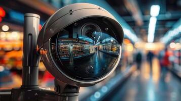 A surveillance camera watches over a supermarket, reflecting the shopper's journey. photo