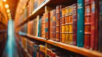 Rows of old books sit neatly on library shelves, illuminated by warm, soft lighting. photo