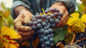 A farmer carefully holds a ripe bunch of grapes in the vineyard during harvest season. photo