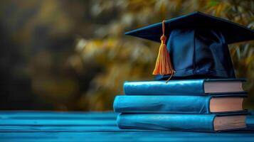 A graduation cap sits on a stack of books, symbolizing education and academic success. photo