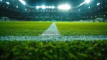Nighttime view of a football field, illuminated with bright stadium lights and green grass. photo