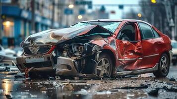 A seriously damaged red car with the front end crushed in a road traffic accident. photo
