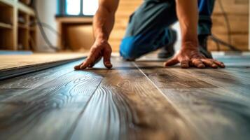 Close-up shot of a craftsman installing wooden laminate flooring in a new home. photo