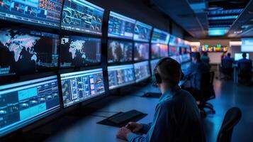 A person monitors multiple screens in a control room, showcasing global data and technology. photo