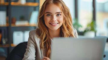 Smiling young woman looks towards the camera while sitting at a computer in the office. photo