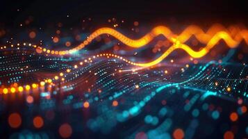 A dynamic digital abstract with bright orange waves and blue lines and bokeh effects. photo