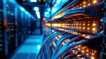 Inside a modern data center with network cables and server racks glowing brightly. photo