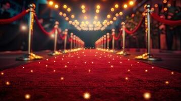 A stunning red carpet, lined with golden lights, is ready for a special celebration. photo