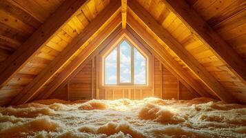 An illuminated attic reveals wooden architecture, insulation and a vibrant natural sky view. photo