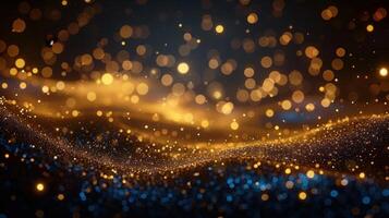 A mesmerizing abstract image with golden bokeh lights and shimmering particles in blue tones. photo