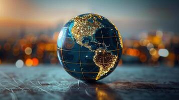 A beautifully lit globe showcasing cities and continents at night, creating a global representation. photo