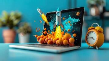 A laptop displaying rockets launching, with an alarm clock, representing new business launch. photo