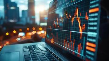 Laptop displays stock market data with charts and graphs in a modern urban setting at dusk. photo