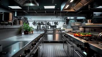 A modern commercial kitchen, fully equipped for preparing meals in a professional setting. photo