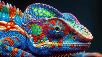 A captivating view of a colorful panther chameleon's head, displaying intricate patterns. photo