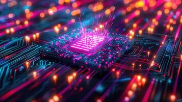 A colorful digital rendering of a computer's central processing unit, with circuits and light. photo