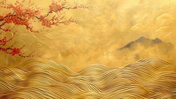 A stunning gold-toned landscape painting features cherry blossoms, mountains, and flowing waves. photo