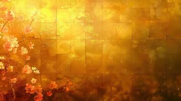 Elegant painting of cherry blossoms against a luxurious, golden, square-tiled background. photo