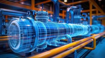 Detailed illustration of industrial pipelines and valves, presented in a digital blueprint style. photo