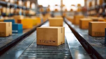 Cardboard boxes move along a conveyor belt, symbolizing the efficiency of logistics. photo