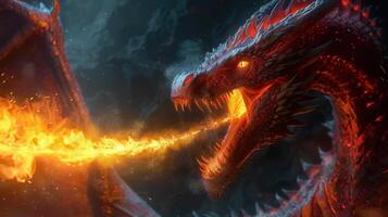 A fiery red dragon breathes fire, showcasing a powerful creature from mythical legends. photo