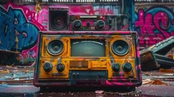 A vintage stereo covered in graffiti stands in an urban setting, creating a striking visual. photo