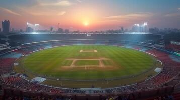 The cricket stadium bathed in the golden light of a setting sun is ready for the match. photo