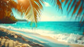 Beautiful coastal view with palm trees, turquoise waters, and golden sandy beach. photo