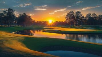 Stunning sunset over a golf course with a lake and reflections of the trees and sky. photo