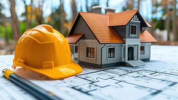 Miniature house and blueprint with a construction hard hat suggesting home development. photo