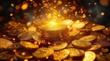 Golden Bitcoin coins are piled up, glowing with the promise of digital wealth and financial success. photo