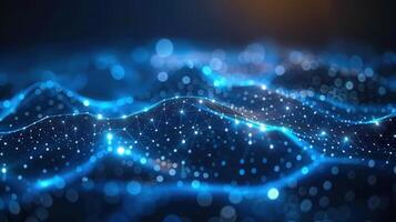 Intricate network of glowing lines and dots forming an abstract data visualization in blue light. photo