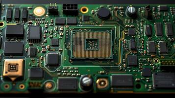 Close-up of a computer motherboard, highlighting its complex circuits and electronic components. photo
