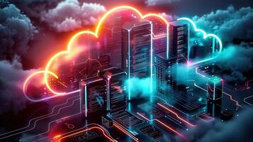 Cloud computing concept with a neon-lit data center visualizing information technology. photo