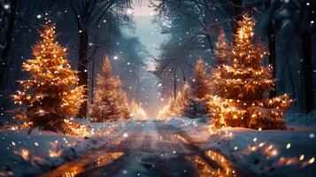 A snow-covered path winds through a winter forest decorated with glowing Christmas trees. photo